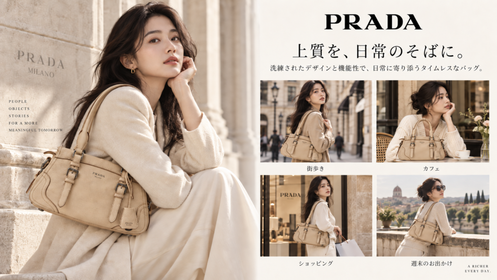PRADAバッグ ベージュ レディース コーディネート